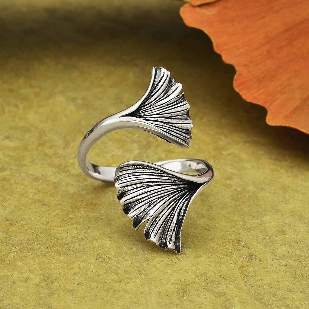 Bague Feuille de Ginkgo Ajustable Argent Massif