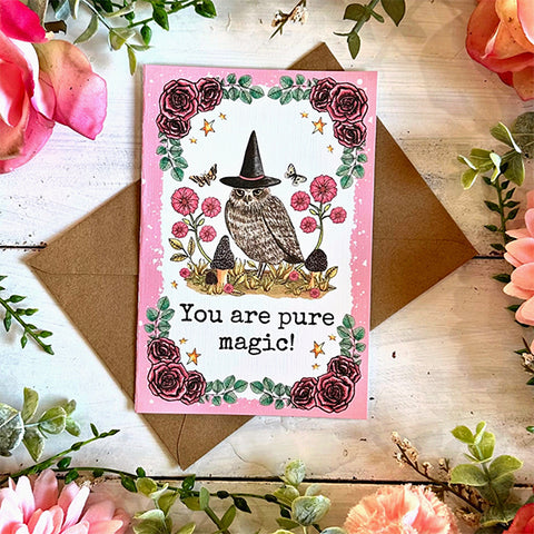 Hand Illustrated Card - Pink Witchy Owl Friendship