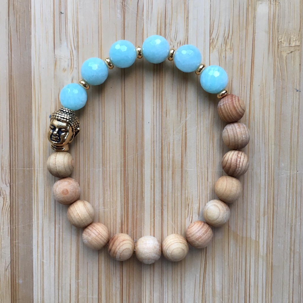 Bracelet amazonite facetté avec perles de bois de cèdre & Bouddha en métal