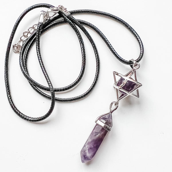 Necklace Amethyst Star/Point on black cord