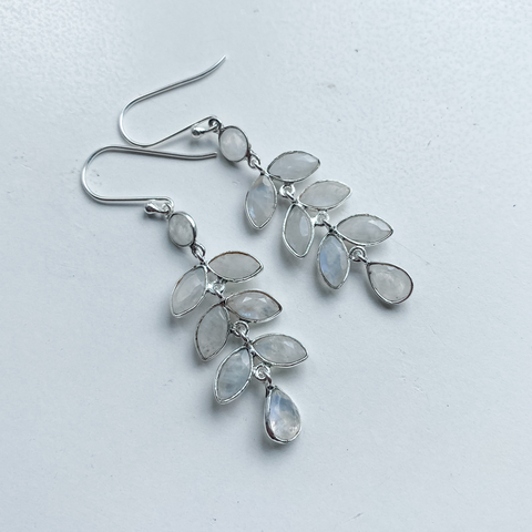 Earrings moonstone leaf dangle sterling silver