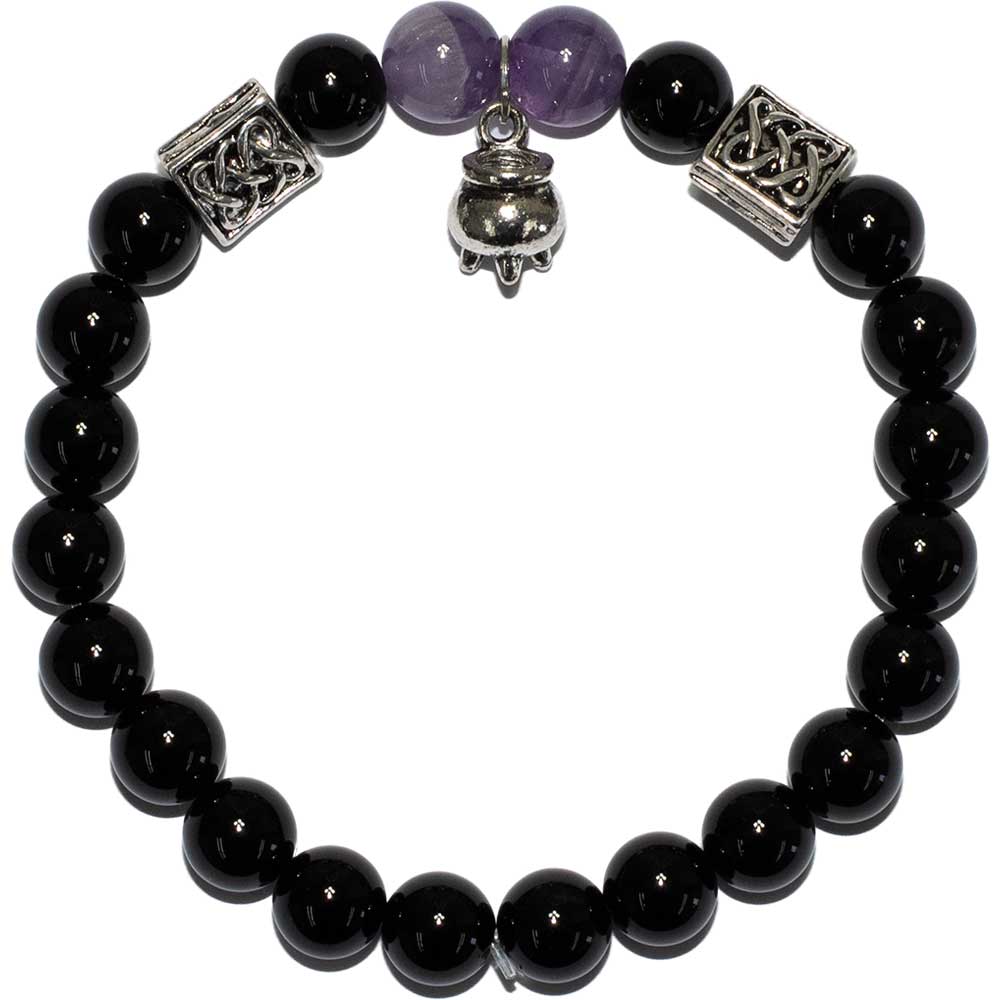 Bracelet obsidienne et quartz teint avec chaudron