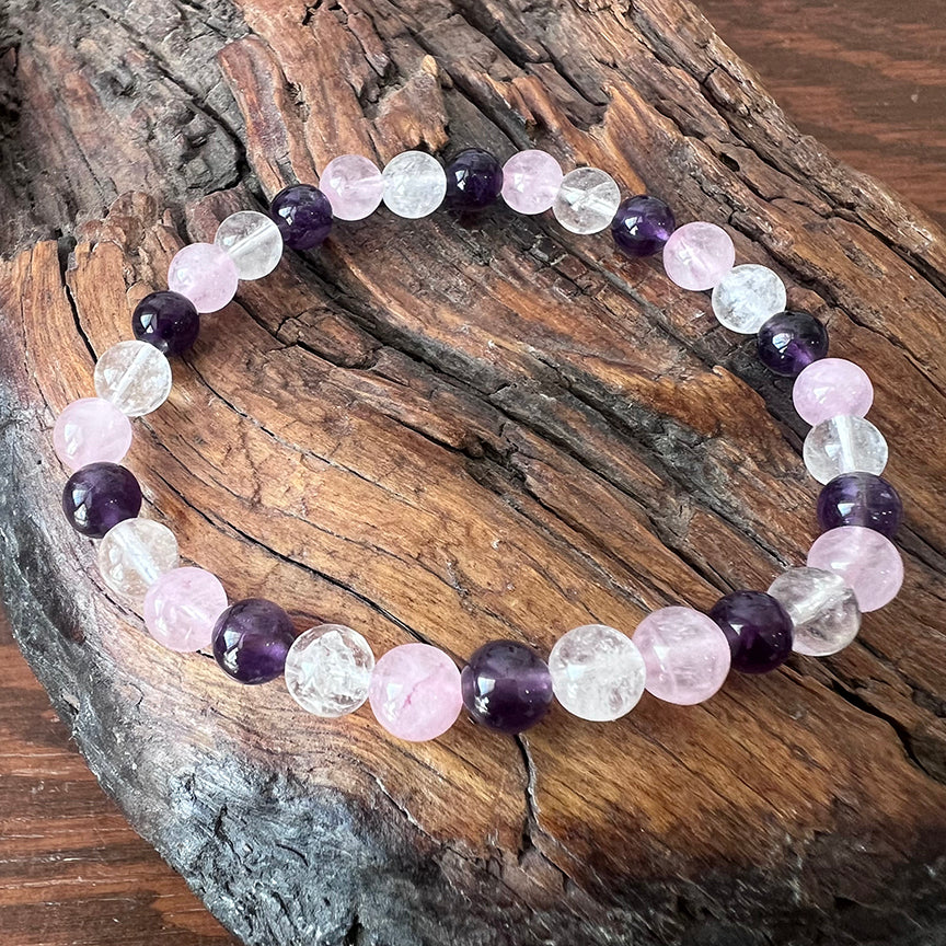Bracelet 6mm rose quartz, amethyst, quartz