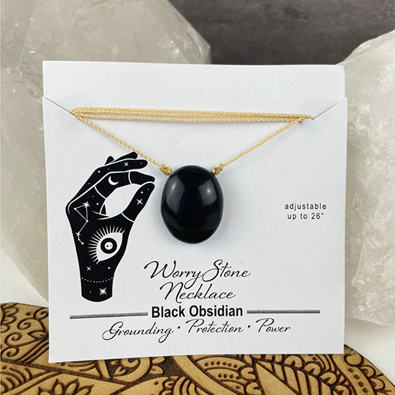 Worry Stone Necklace On Cord - black obsidian