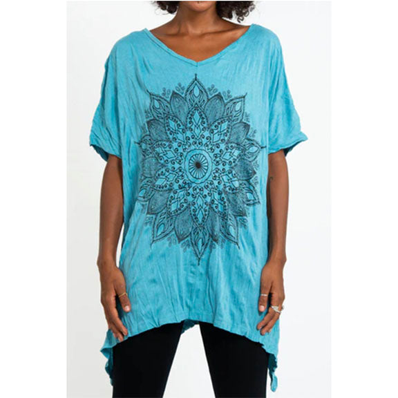 Sure Design Women's Lotus Mandala Loose V Neck T-Shirt Turquoise (One Size)