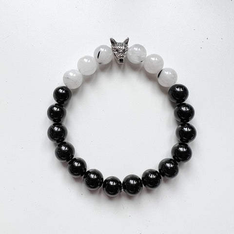 Bracelet XLARGE 10mm Quartz Tourmaliné & Tourmaline Noire avec perle de loup