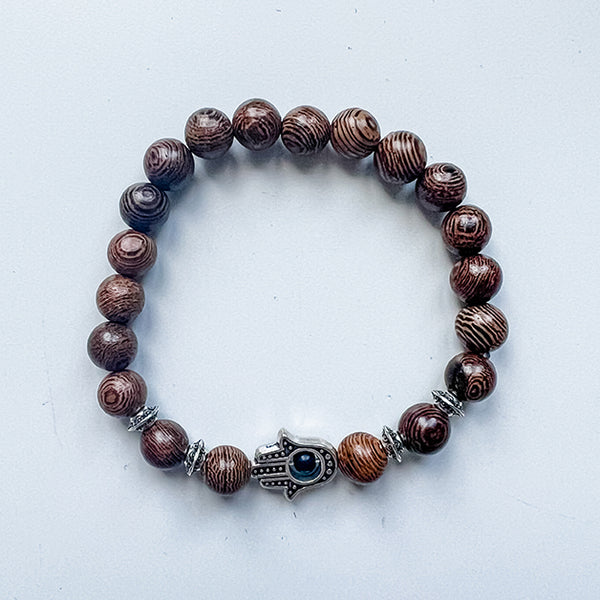 Bracelet 8mm wood beads, onyx & fatima