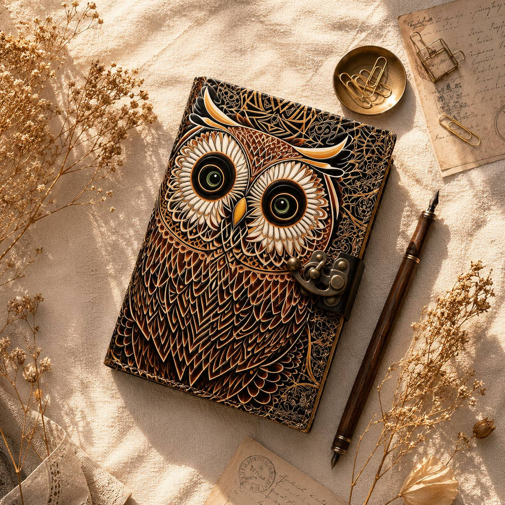 Handmade Leather Journal Blank Owl