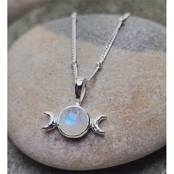 Necklace triple moon rainbow moonstone sterling silver - carded