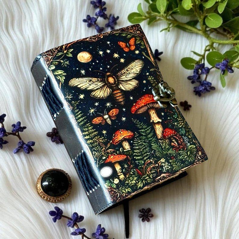 Handmade Leather Journal Blank Moth Mushroom