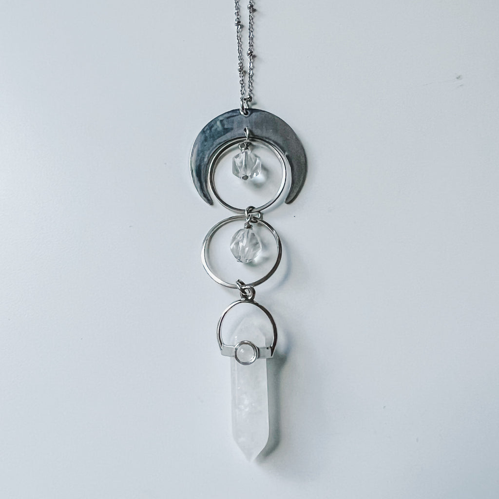 Necklace quartz point with crescent moon - stainless steel