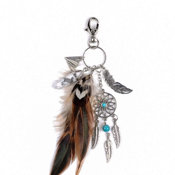 Keychain /purse clip feather, dream catcher, howlite point