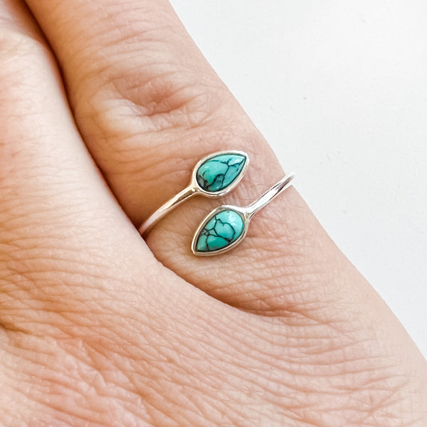 Ring turquoise double drop wrap sterling silver