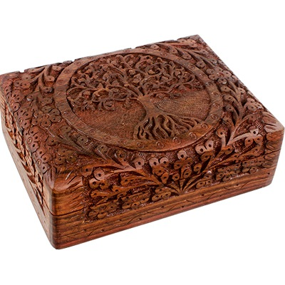 Wood box - tree of life carved 5” x 7”