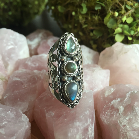 Bague 3 labradorite filagrane large bande sterling