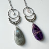 Necklace amethyst & rose quartz drop with moon phase - stainless steel