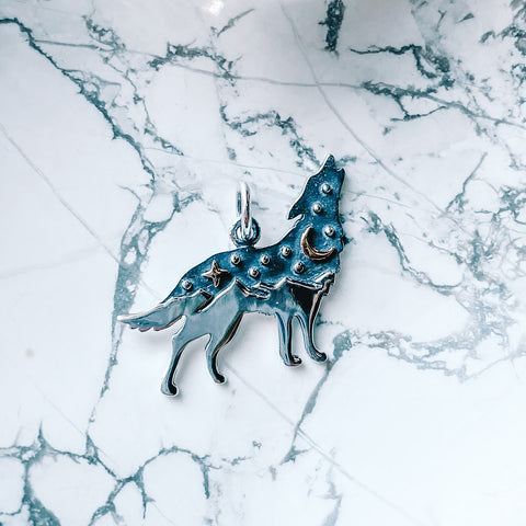 Wolf charm with bronze moon & star sterling silver