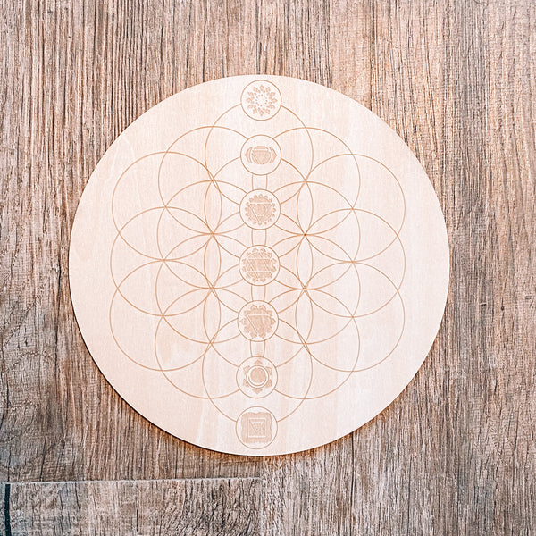 Wood crystal grid flower of life/chakra symbols 20cm