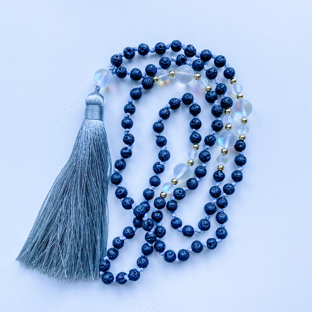 Necklace knotted lava & mystic quartz with tassel