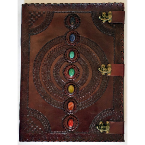Journal en cuir énorme en relief avec 7 pierres de chakra