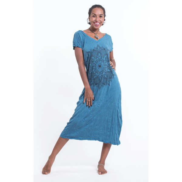 V Neck Dress - Lotus Mandala Denim Blue (one size)