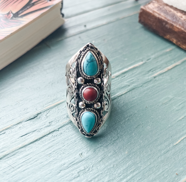 bague 3 pierres turquoise/corail argent massif