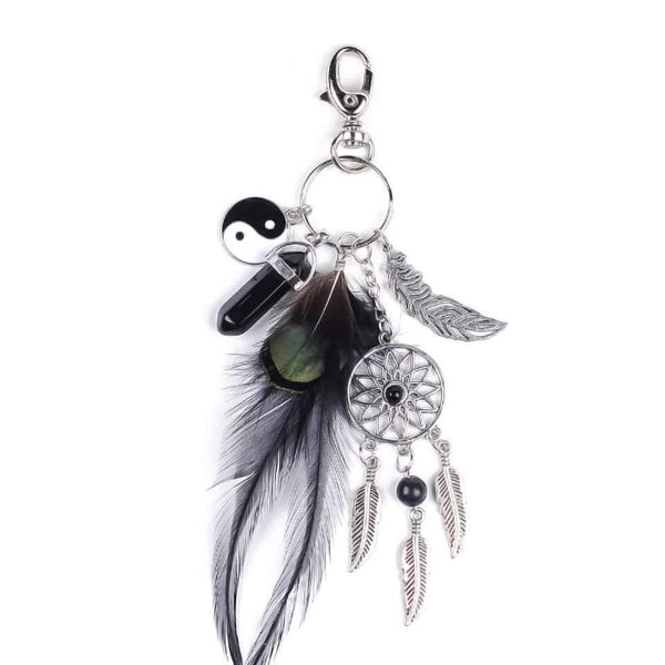 Keychain /purse clip feather, dream catcher, onyx point