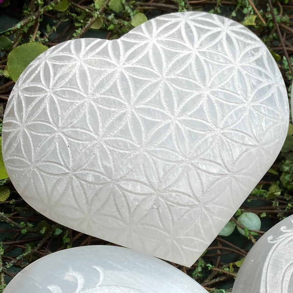 Selenite heart etched flower of life