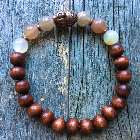 Bracelet peach moonstone with copper Buddha and walnut beads
