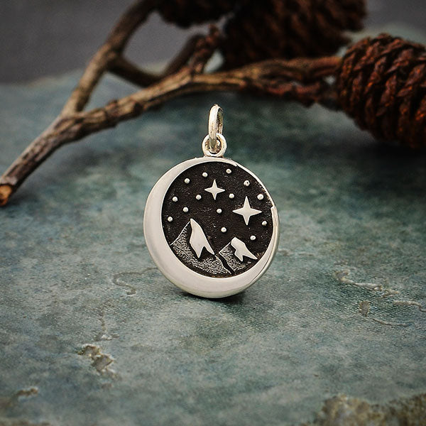 Pendant mountain snow cap with moon sterling silver