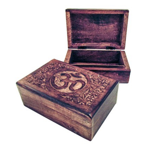 Wood box carved- OM 4x6x2.2”