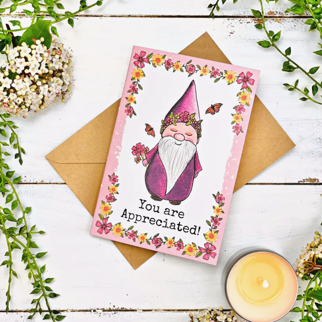 Carte de vœux illustrée à la main - Gnome de jardin joyeux