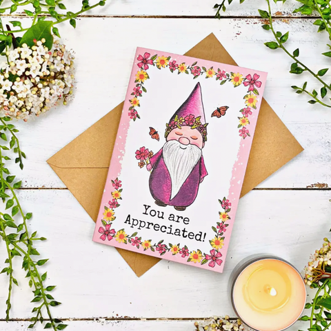Hand Illustrated Greeting Card - Joyful Garden Gnome