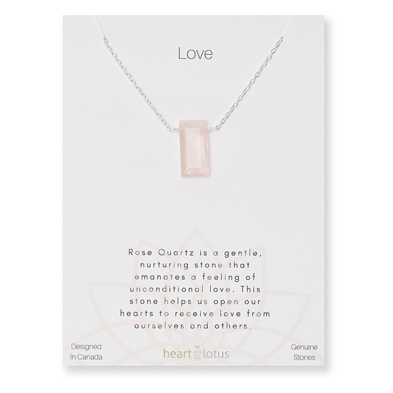 Necklace carded rose quartz rectangle sterling silver