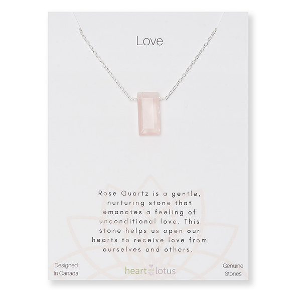 Necklace carded rose quartz rectangle sterling silver