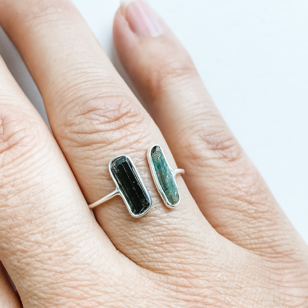 Ring green tourmaline raw double open band sterling silver