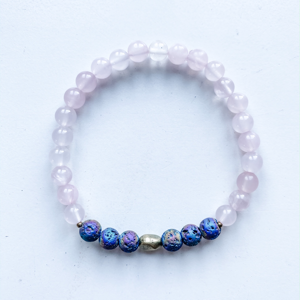 Bracelet 6mm rose quartz with electroplated lava beads